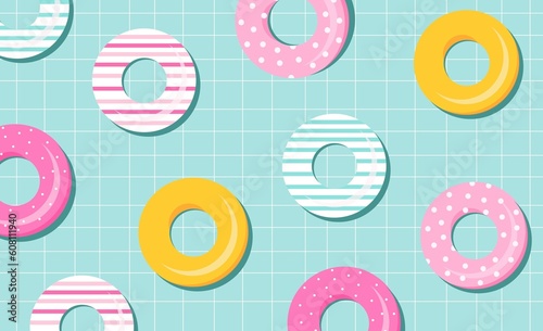 Summer abstract background with pool and rubber colorful rings, summer sale banner, poster design. Vector illustration