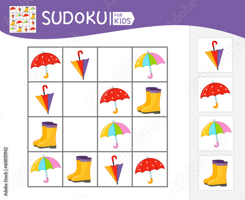 Sudoku game for children with pictures. Kids activity sheet. Vector illustration of cartoon umbrellas, rubber boots.
