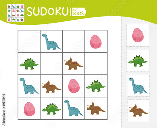 Sudoku game for children with pictures. Kids activity sheet. Vector illustration of cartoon dinosaurs.
