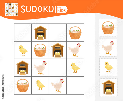 Sudoku game for children with pictures. Kids activity sheet. Vector illustration of cartoon hen and chick.
