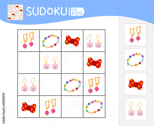 Sudoku game for children with pictures. Kids activity sheet. Vector illustration of cartoon jewelry for girls. 