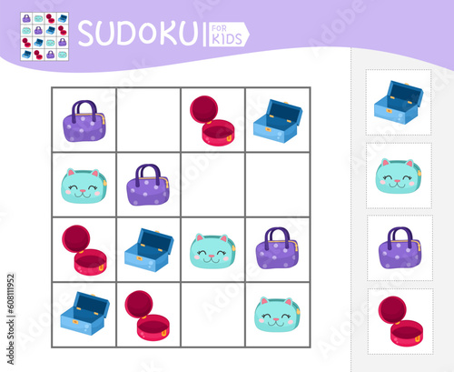 Sudoku game for children with pictures. Kids activity sheet. Vector illustration of cartoon cosmetic bags and jewelry boxes
