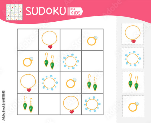 Sudoku game for children with pictures. Kids activity sheet. Vector illustration of cartoon jewelry for girls. 