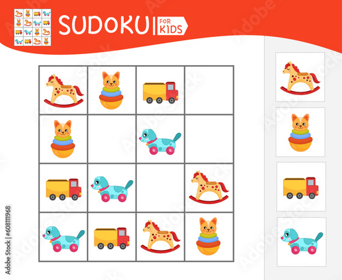 Sudoku game for children with pictures. Kids activity sheet. Vector illustration of cartoon toys.
