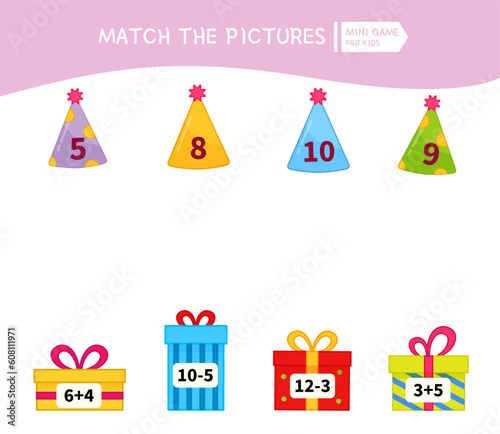 Counting educational children game, math kids activity sheet. Match gifts and party hats.
