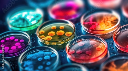 Multicolor bacteria and virus cells in petri dish at scientific laboratory. Mold culture PDA agar. Experimental for biochemistry, Biotechnology, Biology science laboratory. Generative AI