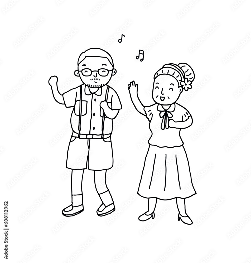 old people relaxing, outline drawing vector