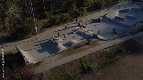 Arial shot of young people at a skate park in Atlanta, GA