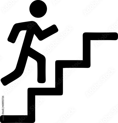 Man on stairs going up icon on grey background. Success symbol. Promotion vector.