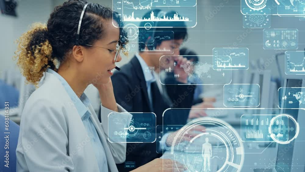 Mixed media of multi national operator working in call center and digital technology concept. Worldwide business. Telemarketing.