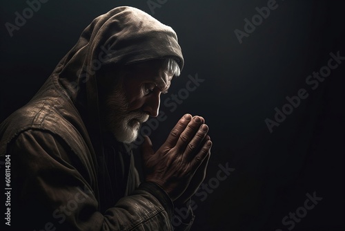 Fotografia Old man praying in the dark room with his hands folded in prayer created with Ge