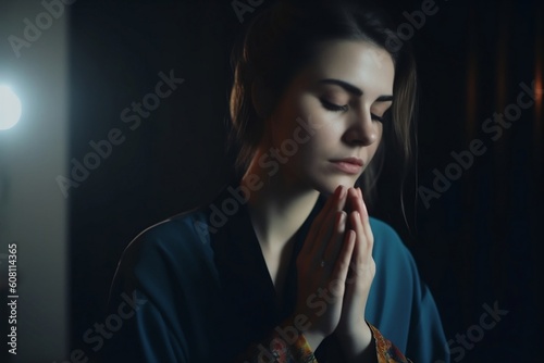  Woman praying in the dark with her hands folded in prayer created with Generative AI technology