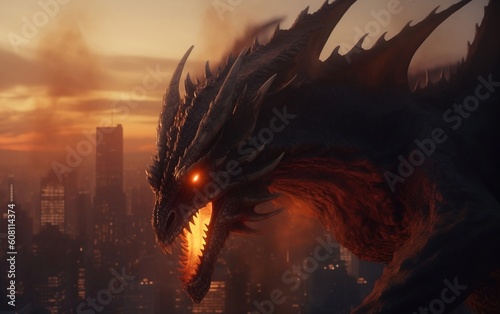 Dragon head on the evening city background created with Generative AI technology
