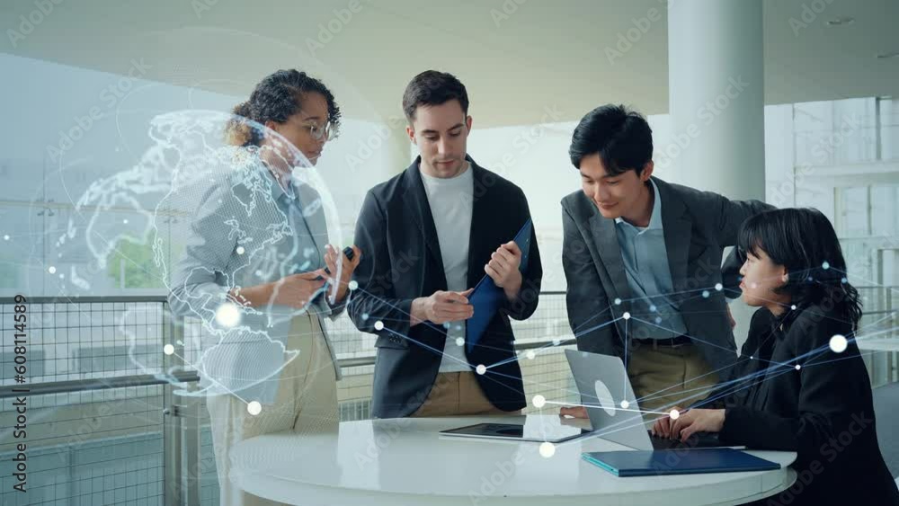 Mixed media of group of multinational businesspeople meeting in lobby and global communication network concept. Worldwide marketing.