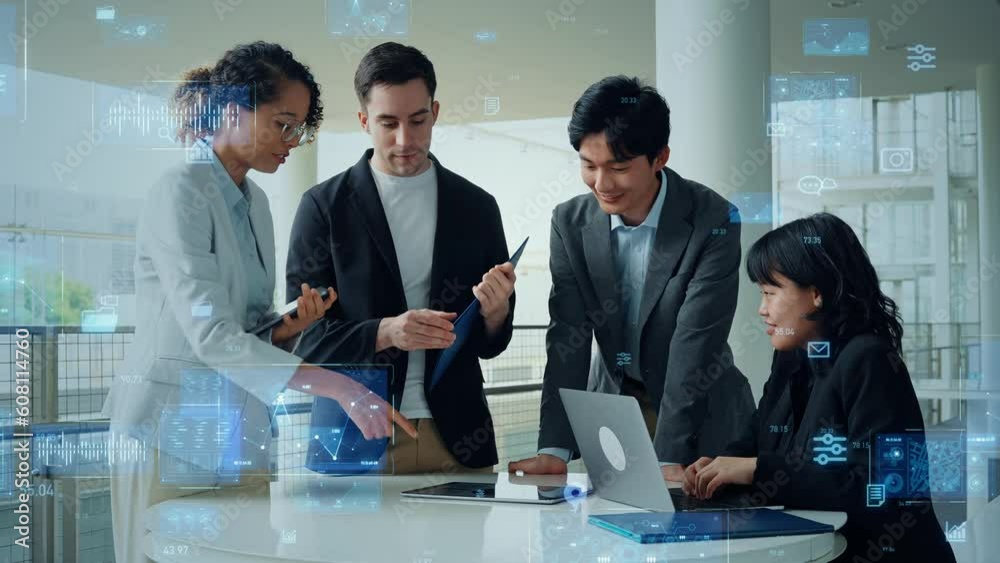 Mixed media of group of multinational businesspeople meeting in lobby and digital technology concept. Worldwide marketing.