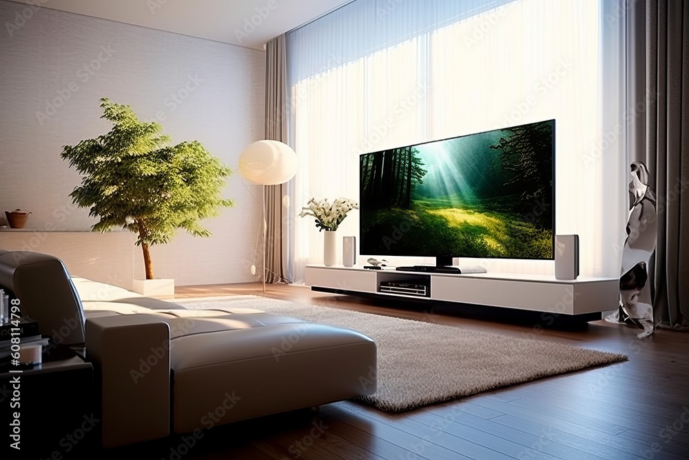Grandiose Entertainment: A Stylish Living Room with a Large TV Display, Generative AI. Grandiose Entertainment: A Stylish Living Room with a Large TV Display, Generative AI.