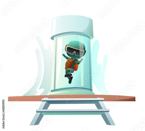 Man in helmet. Wind tunnel for flying in zero gravity. Cartoon style. Vector isolated on white background