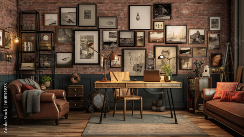 An inviting living room with a warm and cozy atmosphere, featuring a vintage deck, a plush leather armchair, and a gallery wall adorned with photo frames. Generative AI
