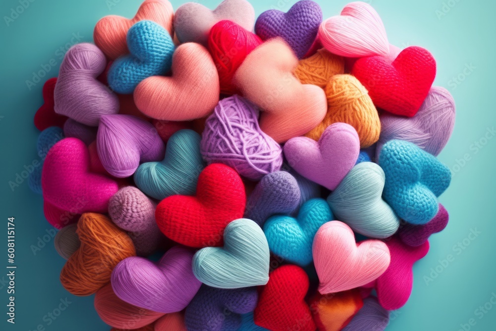 Colorful Knitted Hearts Made of Wool, Generative AI. Colorful Knitted Hearts Made of Wool, Generative AI.