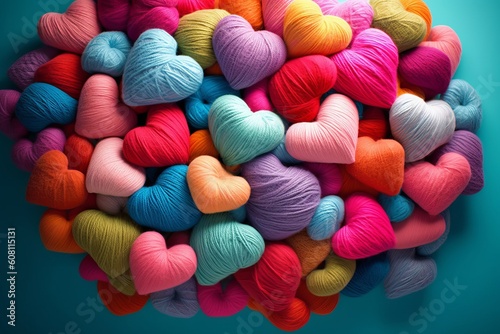 Colorful Knitted Hearts Made of Wool, Generative AI.
