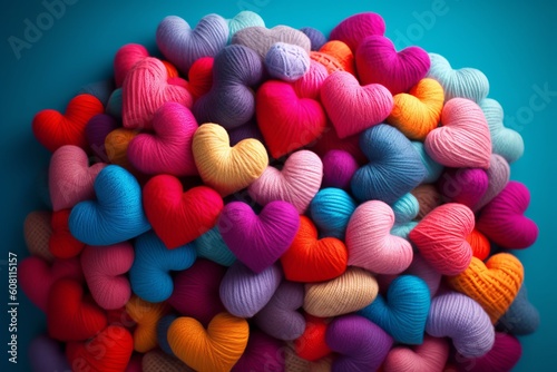 Colorful Knitted Hearts Made of Wool  Generative AI.