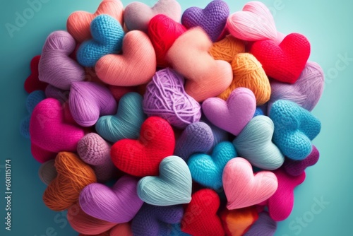 Colorful Knitted Hearts Made of Wool  Generative AI.
