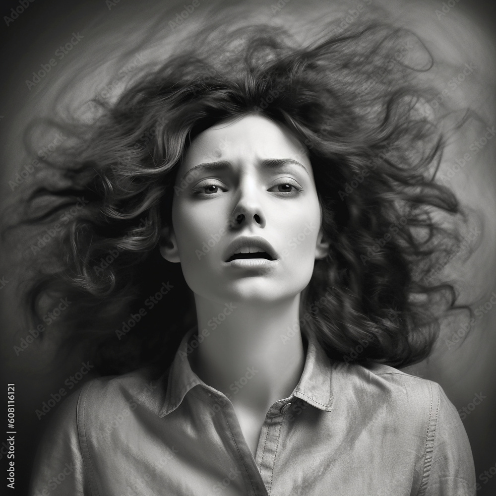 Anxious, woman with curly hair. Monotone. Created by a generated AI. Anxious, woman with curly hair. Monotone. Created by a generated AI.