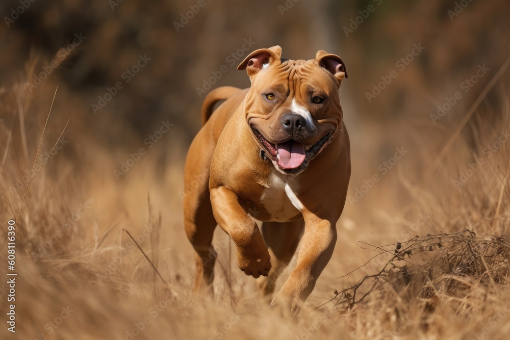 American Staffordshire Terrier running in the field with a blurred background Ai generated