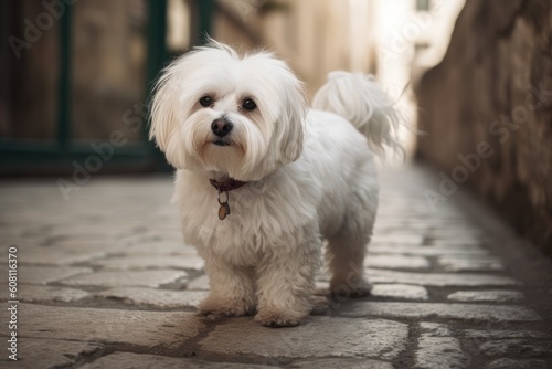 Cute Maltese dog walking in the old city. Selective focus. Ai generated