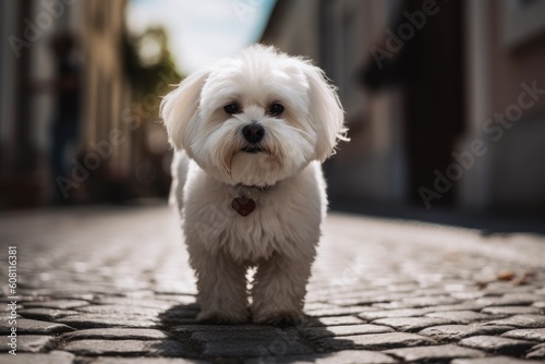 Cute little Maltese dog standing on a cobblestone street Ai generated