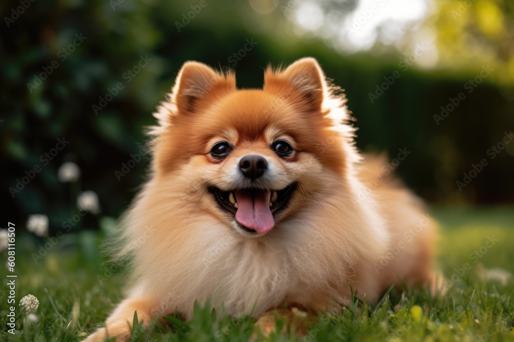 Beautiful Pomeranian dog lying on green grass in the garden Ai generated