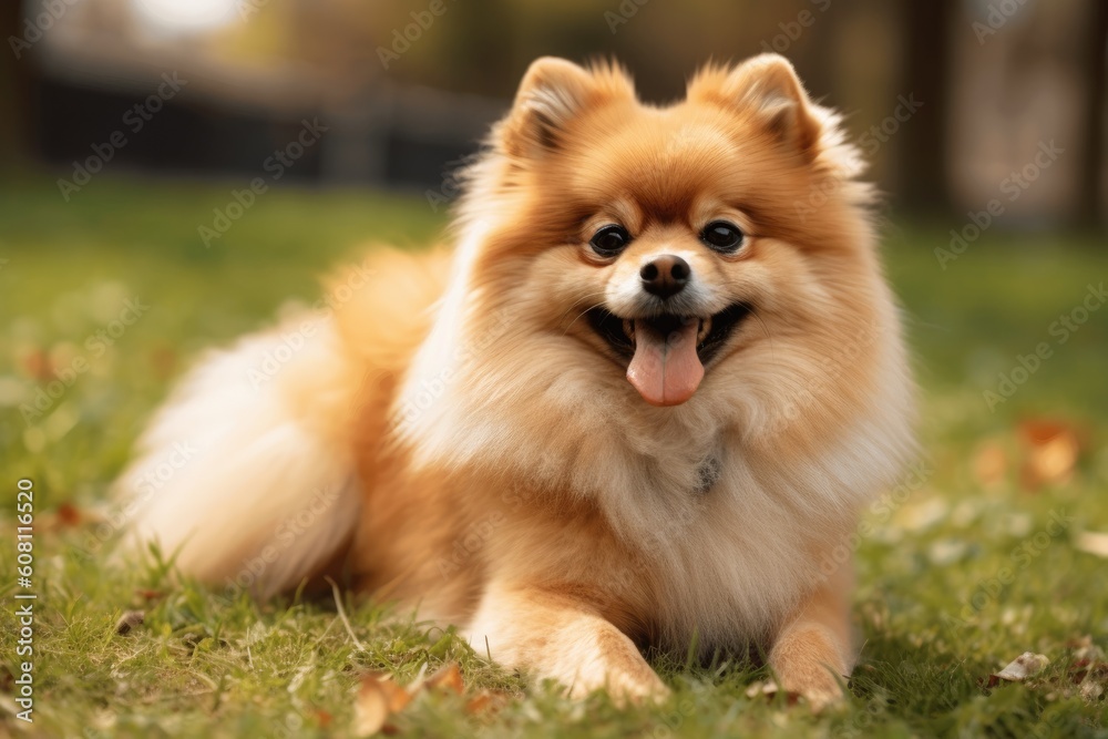 Beautiful Pomeranian dog lying on the grass in the park Ai generated