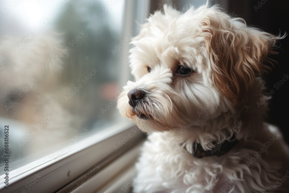 Cute dog looking out the window. Shallow depth of field. Ai generated