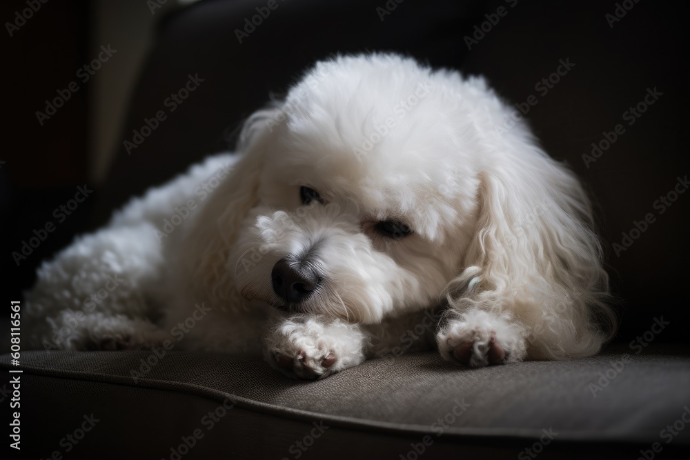White bichon frise dog lying on the sofa in dark room Ai generated White bichon frise dog lying on the sofa in dark room Ai generated