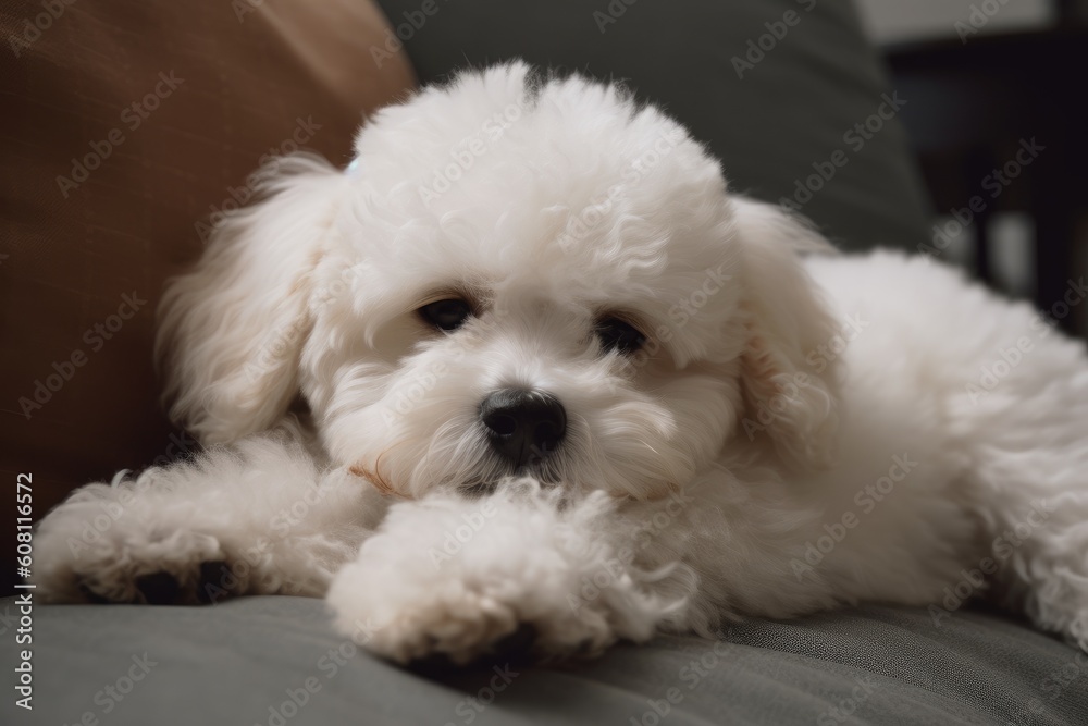 Cute white bichon frise dog lying on the sofa at home Ai generated Cute white bichon frise dog lying on the sofa at home Ai generated