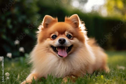 Beautiful Pomeranian dog lying on green grass in the garden Ai generated