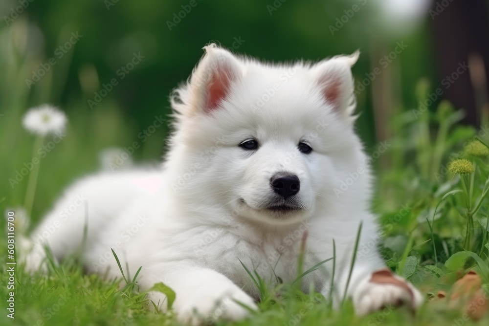 Cute Samoyed puppy lying on the grass in the park Ai generated
