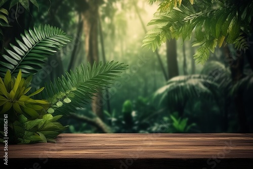 Technologically-Created Jungle and Wooden Table Background  Generative AI.