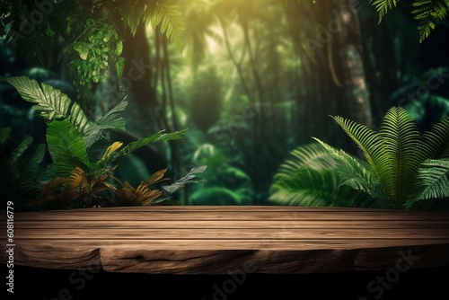 Technologically-Created Jungle and Wooden Table Background  Generative AI.