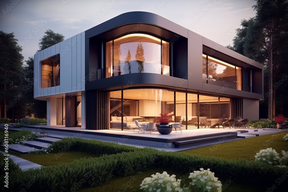 AI-Generated Futuristic Family Villa: A Luxurious Modern Residence Building with a Striking Exterior Design, Generative AI.