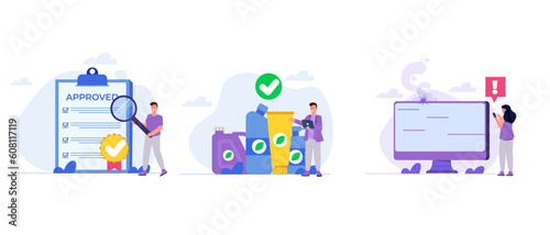 Product quality control, defective product testing and safety control. Vector illustration.