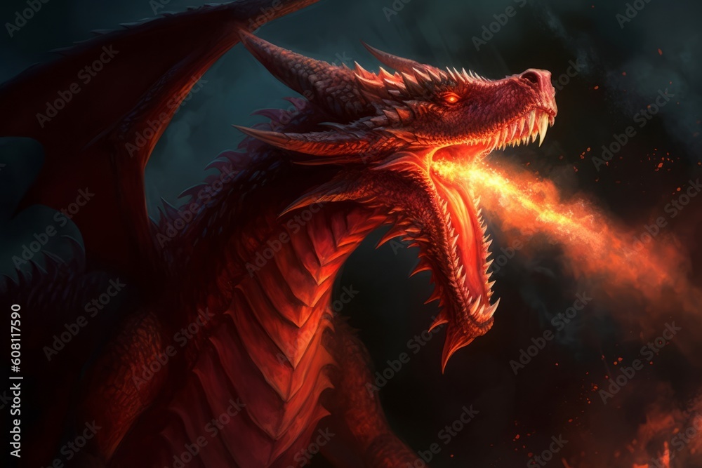 Fiery Red Dragon of Mythology: A Majestic Portrait in Fantasy Art, Generative AI. Fiery Red Dragon of Mythology: A Majestic Portrait in Fantasy Art, Generative AI.
