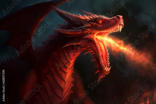 Fiery Red Dragon of Mythology: A Majestic Portrait in Fantasy Art, Generative AI.