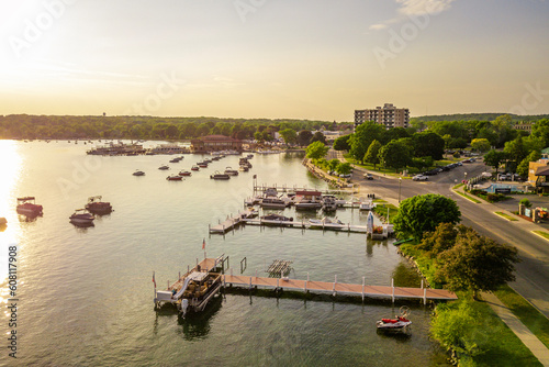 Aerial drone photo of boat piers and docks in Lake Geneva, Wisconsin.
