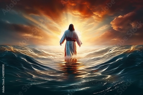 Jesus Walks on Water: A Breathtaking Sunset Scene, Generative AI.