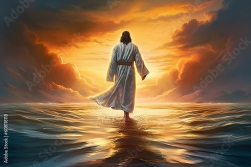Jesus Walks on Water: A Breathtaking Sunset Scene, Generative AI.