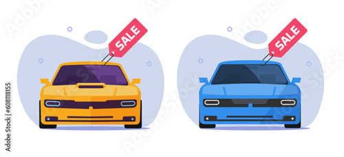 Car sale icon vector, new vehicle sell or rental trade shop graphic illustration, dealer store promotion image clipart, buy purchase automobile yellow blue service, dealership promotion