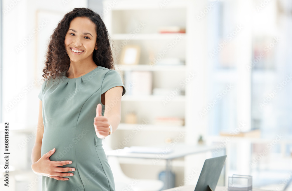 Portrait, thumbs up and a pregnant business woman in her office getting ready for maternity leave from work. Happy, mother or support with a young female employee holding her stomach in the workplace