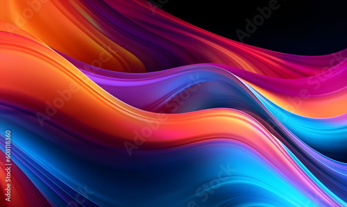 Abstract colorful glowing pink red and blue neon color wavy turbulent surface panoramic banner abstract background. Glowing gradient curled swirling linear rainbow pattern backdrop