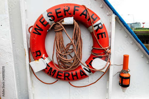 Rettungsring auf der Weserfähre zwischen Bremerhaven, Nordenham-Niedersachsen, Deutschland photo